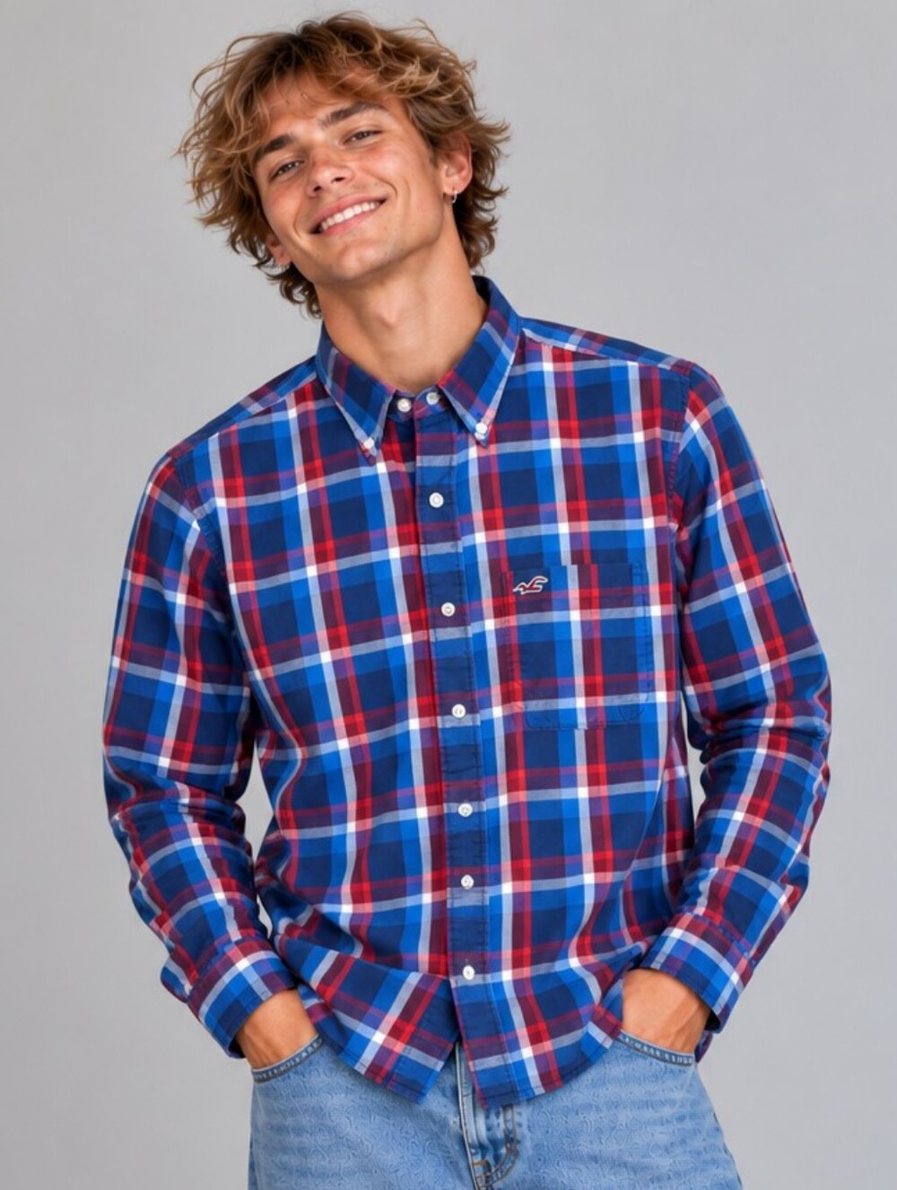 Hollister Mens Long Sleeve Plaid Button Up Shirt Large Blue Red Cotton